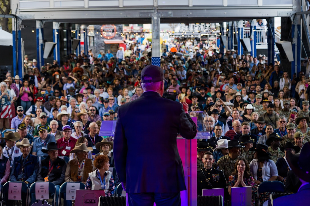 The Honorable Anthony J. Tata, Under Secretary of War for Personnel and Readiness, gives a speech at the Houston Livestock Show and Rodeo Armed Forces Appreciation Day in Houston, March 4, 2026. Armed Forces Appreciation Day honored nearly 4,000 military personnel and veterans, including a joint service enlistment ceremony for approximately 500 recruits. (U.S. Marine Corps photo by SSgt. Ethan M. LeBlanc)