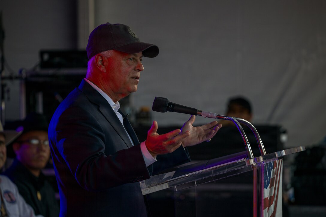 The Honorable Anthony J. Tata, Under Secretary of War for Personnel and Readiness, gives a speech at the Houston Livestock Show and Rodeo Armed Forces Appreciation Day in Houston, March 4, 2026. Armed Forces Appreciation Day honored nearly 4,000 military personnel and veterans, including a joint service enlistment ceremony for approximately 500 recruits. (U.S. Marine Corps photo by SSgt. Ethan M. LeBlanc)