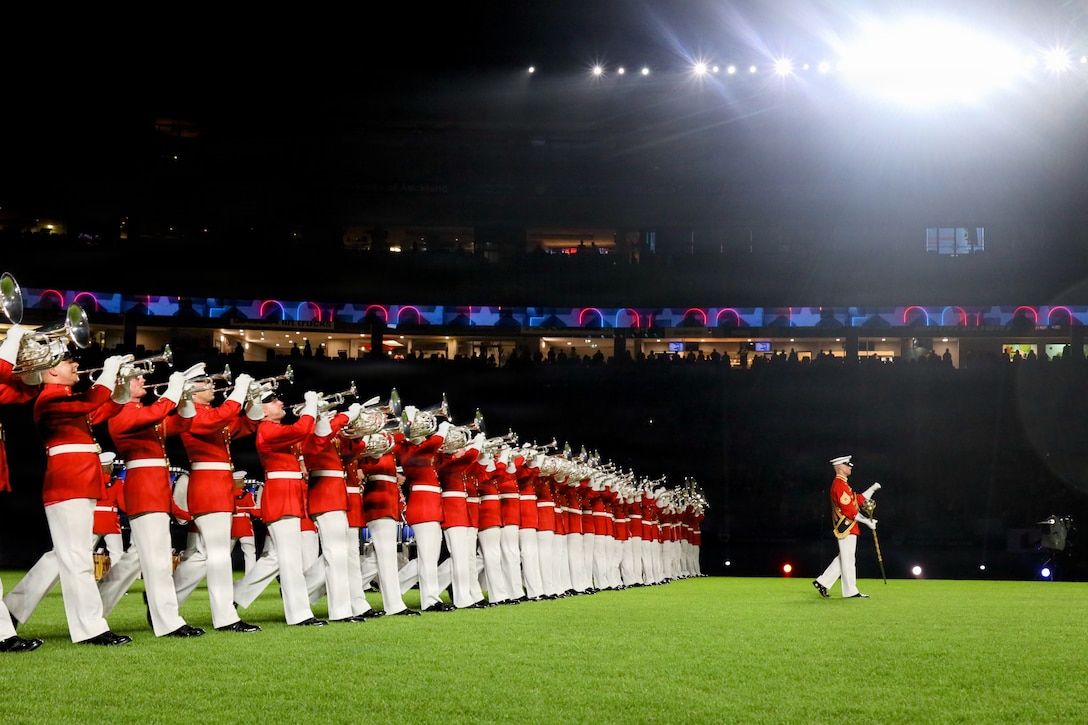 U.S. Marines with “The Commandant’s Own” United States Marine Drum & Bugle Corps perform during the Royal Edinburgh Military Tattoo at Eden Park in Auckland, New Zealand, Feb. 17, 2026. The Drum & Bugle Corps traveled to Brisbane in support of the 75th anniversary of the Royal Edinburgh Military Tattoo, with prior performances at Suncorp Stadium in Brisbane, Australia. The Royal Edinburgh Military Tattoo features military bands and performers from multiple nations across the globe. (U.S. Marine Corps photo by Cpl. Christopher Prelle)