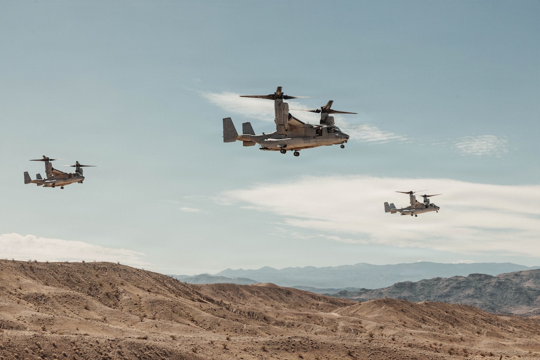 U.S. Marine Corps MV-22B Ospreys with Marine Medium Tiltrotor Squadron (VMM) 266, Marine Aircraft Group 26, 2nd Marine Aircraft Wing, prepares to land during an air assault as part of Marine Air Ground Task Force Distributed Maneuver Exercise 1-26 at Gays Pass, Marine Corps Air Ground Combat Center, Twentynine Palms, California, Feb. 12, 2026. MDMX prepares Marines for future conflicts by combining constructed virtual training with offensive and defensive live-fire and maneuver training scenarios.  (U.S. Marine Corps photo by Lance Cpl. Gracelyn Hanson)