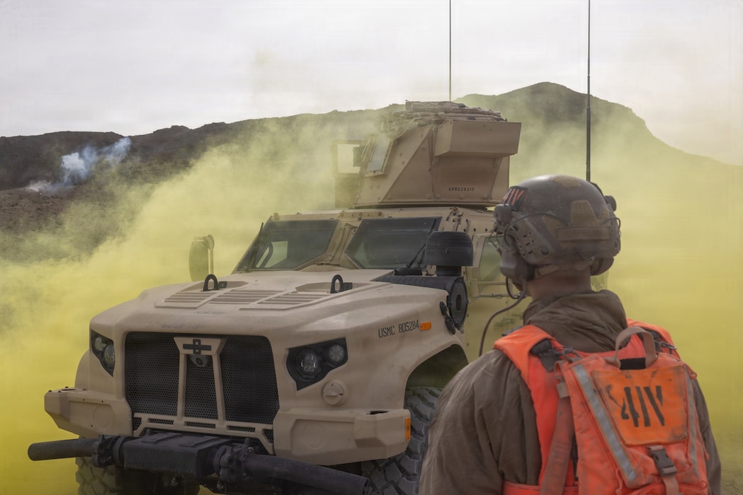 A Joint Light Tactical Vehicle with Combat Logistics Battalion 7, Combat Logistics Regiment 1, 1st Marine Logistics Group, suppresses simulated targets during an Advanced Motorized Operations Course as part of Integrated Training Exercise 1-26 at Marine Corps Air Ground Combat Center, Twentynine Palms, California, Jan. 28, 2026. ITX enables units to mobilize geographically dispersed forces for potential future deployments, increase combat readiness and lethality, and exercise Marine Air Ground Task Force command and control of battalions and squadrons across the full spectrum of warfare. (U.S. Marine Corps photo by Lance Cpl. Jozef P. Majewski)