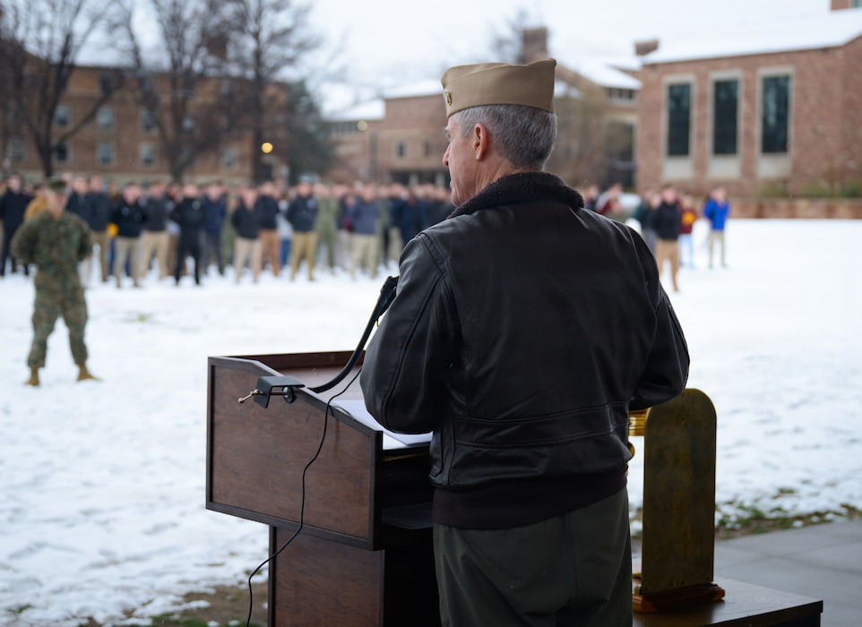 Adm. Steve Koehler, commander, U.S. Pacific Fleet, a University of Colorado Boulder alumnus, delivers remarks to Naval ROTC Midshipmen during the opening ceremony of the annual Colorado Meet at CU Boulder, March 6, 2026. For 100 years, NROTC has been one of our Nation’s proven Foundries of Navy and Marine Corps Officers – forging leaders who are united in purpose, resilient in spirit, and committed to ensuring that our Navy and Marine Corps Combat Team remains ready to fight and win tonight, tomorrow and well into the future.