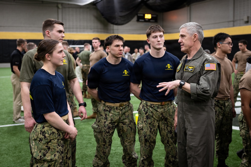 Adm. Steve Koehler, commander, U.S. Pacific Fleet, a University of Colorado Boulder alumnus, right, speaks with Iowa State University Naval ROTC Midshipmen competing in the Iron 4/C evolution during the annual Colorado Meet at CU Boulder, March 6, 2026. For 100 years, NROTC has been one of our Nation’s proven Foundries of Navy and Marine Corps Officers – forging leaders who are united in purpose, resilient in spirit, and committed to ensuring that our Navy and Marine Corps Combat Team remains ready to fight and win tonight, tomorrow and well into the future.