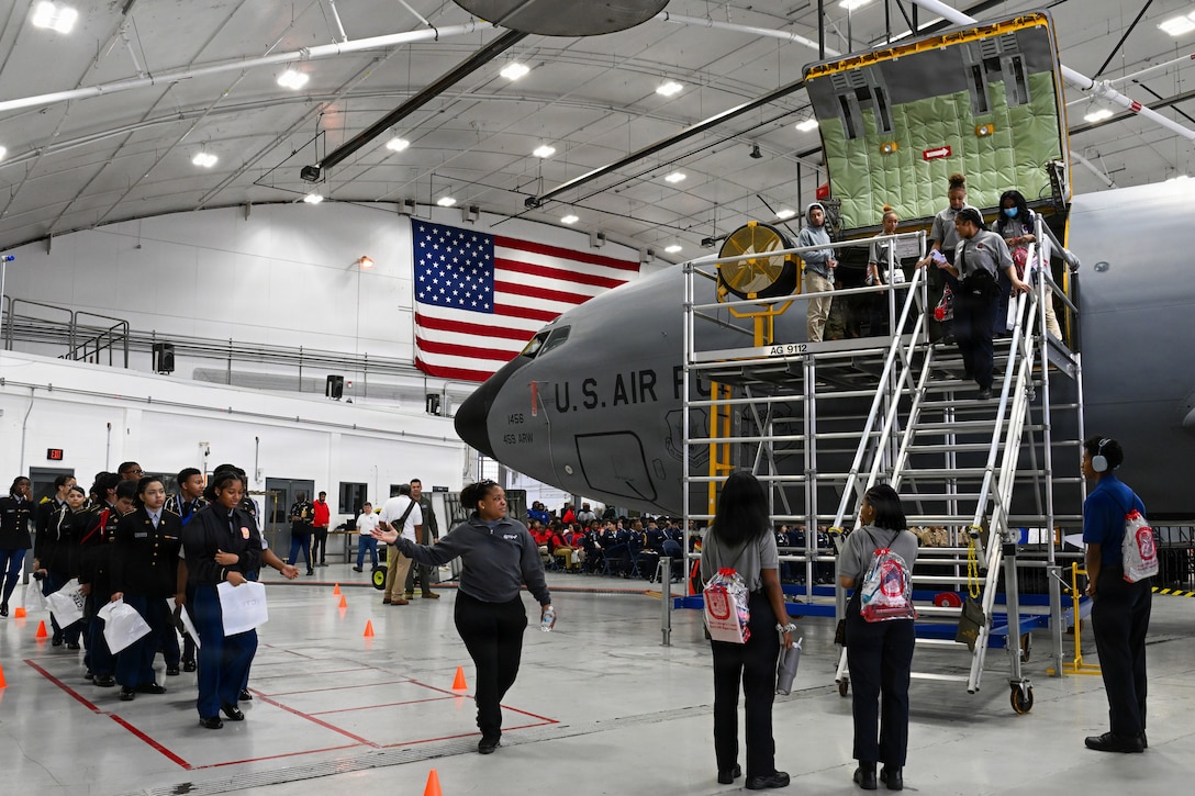 Students touring an aircraft.