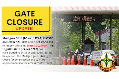 🚧 Gate Closure Alert 🚧

Madigan Gate (I-5 exit 122A) will be CLOSED starting October 28, 2025, and is not scheduled to reopen till March 30, 2026. RE-OPENING DATE MAY Be subject to CHANGE - more details will be updated here March 11, 2026