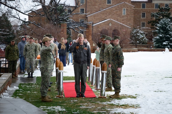 Adm. Steve Koehler, commander, U.S. Pacific Fleet, a University of Colorado Boulder alumnus, salutes the sideboys during his arrival at the opening ceremony of the annual Naval ROTC Colorado Meet at CU Boulder, March 6, 2026. For 100 years, NROTC has been one of our Nation’s proven Foundries of Navy and Marine Corps Officers – forging leaders who are united in purpose, resilient in spirit, and committed to ensuring that our Navy and Marine Corps Combat Team remains ready to fight and win tonight, tomorrow and well into the future.