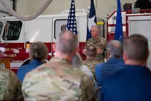 Col. Matthew Norton, 17th Training Wing commander, speaks at the ribbon-cutting ceremony for Goodfellow Fire Department dorms.