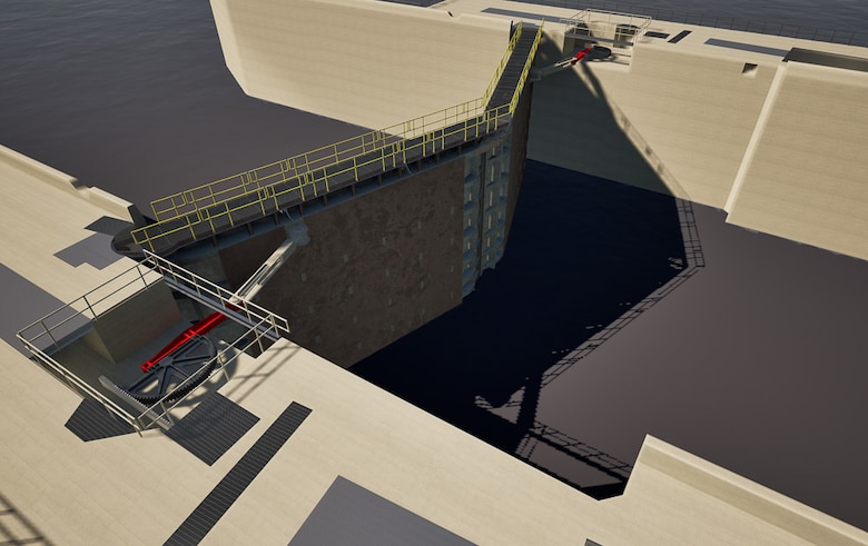 A side-angle 3D rendering of miter gates for the McClellan-Kerr Arkansas River Navigation System, designed by the U.S. Army Corps of Engineers.