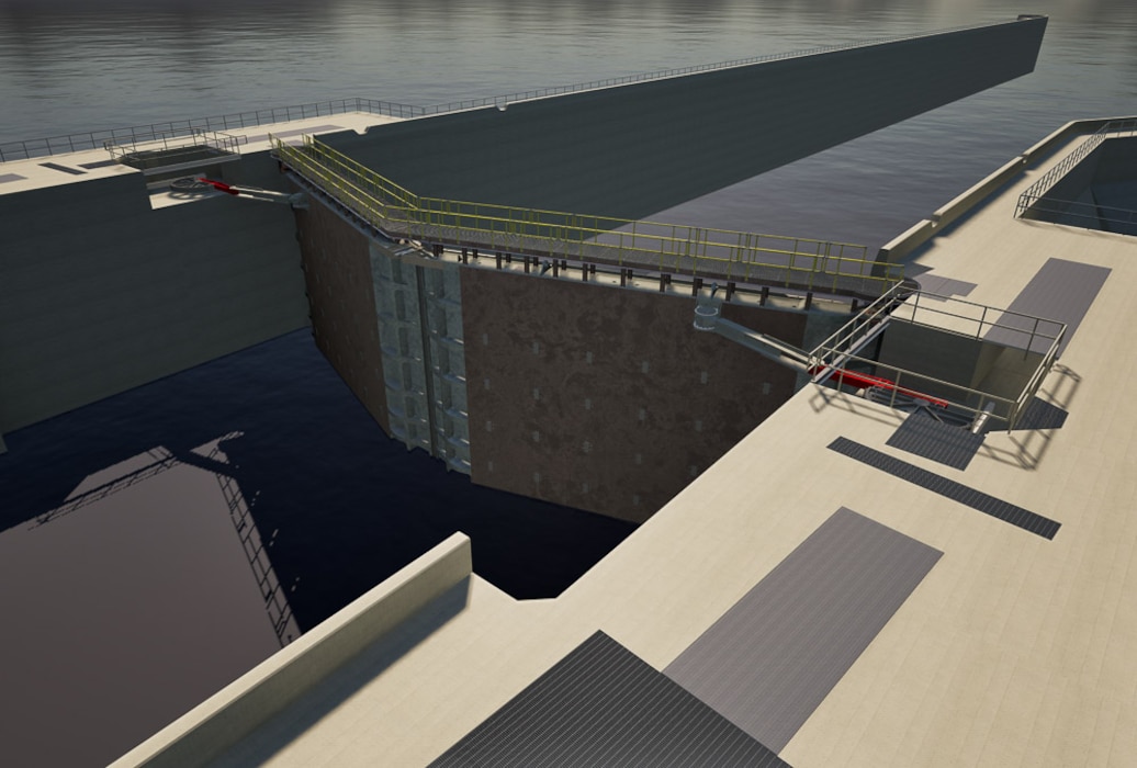 A 3D CAD/BIM rendering of miter gates for the McClellan-Kerr Arkansas River Navigation System. This model was created by a collaborative U.S. Army Corps of Engineers team to design and maintain the infrastructure that supports billions of dollars in commerce along the nation’s inland waterways.