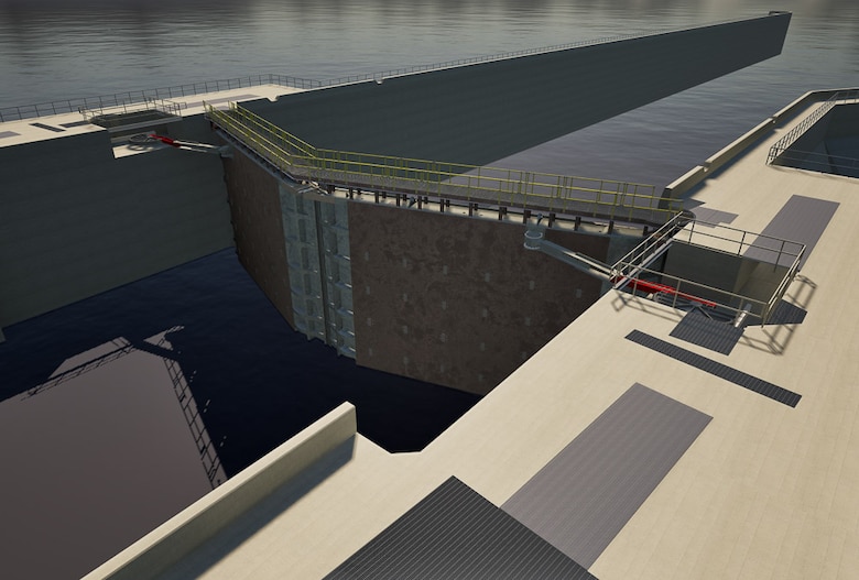 A 3D rendering of miter gates for the McClellan-Kerr Arkansas River Navigation System, designed by the U.S. Army Corps of Engineers.