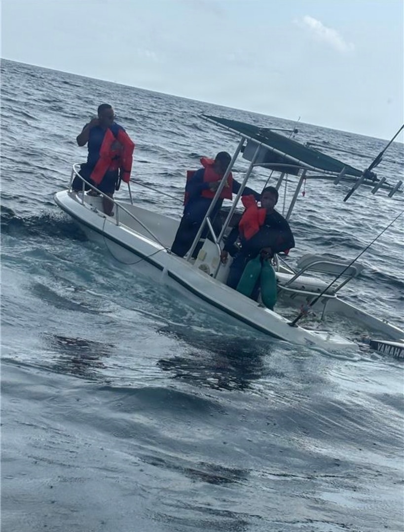 A U.S. Coast Guard Station Miami Beach boat crew arrived on scene with a vessel taking on water near Virginia Key, Florida, March 13, 2026. The boat crew transported the three individuals to Crandon Park Marina with no injuries reported. (U.S. Coast Guard courtesy photo)