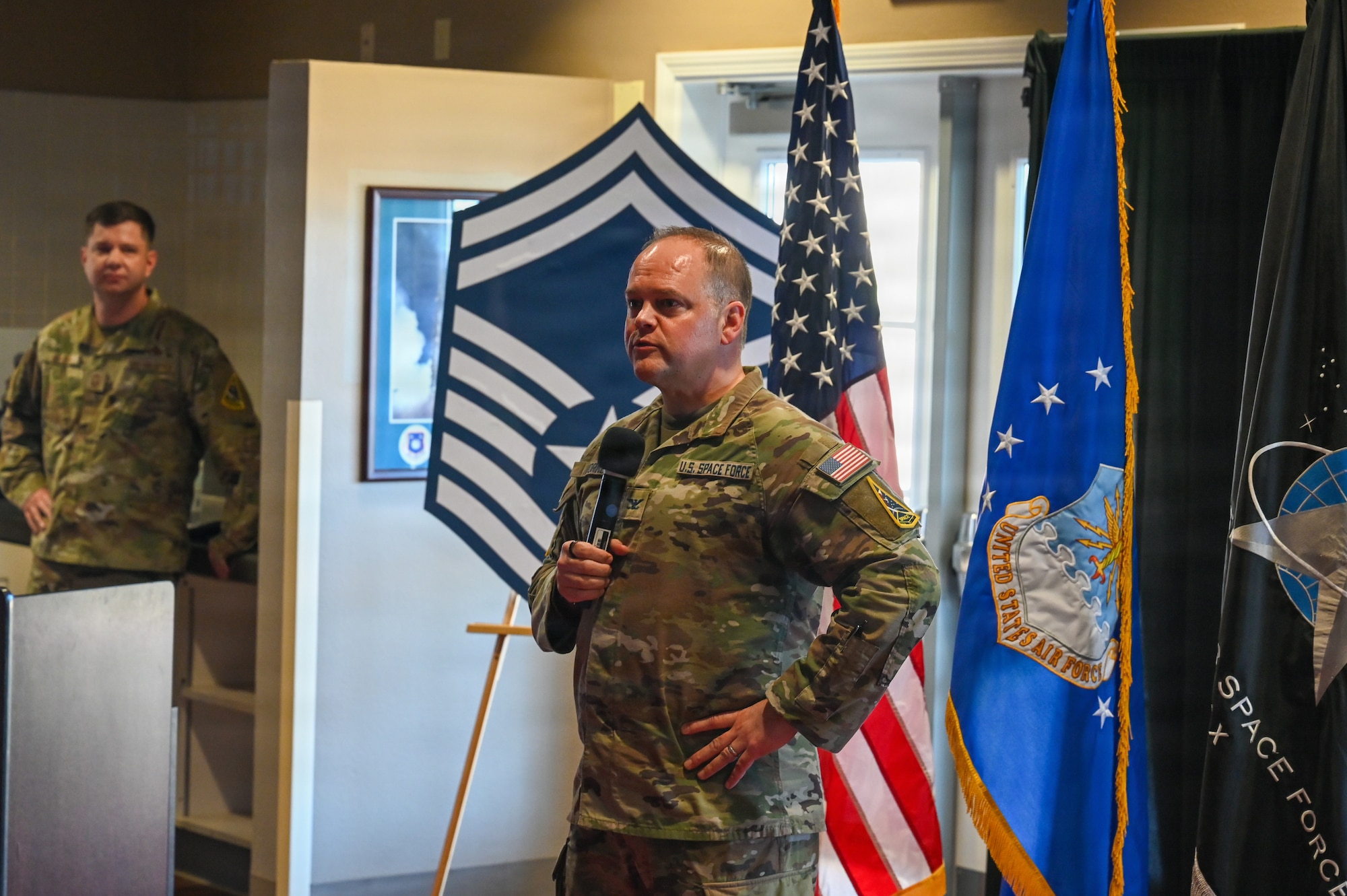 U.S. Space Force Col. James T. Horne III, Space Launch Delta 30 commander, delivers closing remarks during the Senior Master Sergeant Release Party