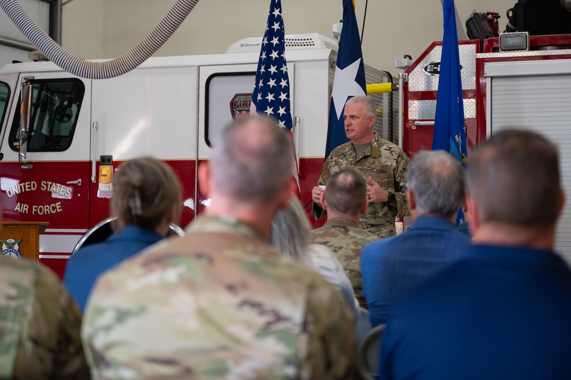 Col. Matthew Norton, 17th Training Wing commander, speaks at the ribbon-cutting ceremony for Goodfellow Fire Department dorms.