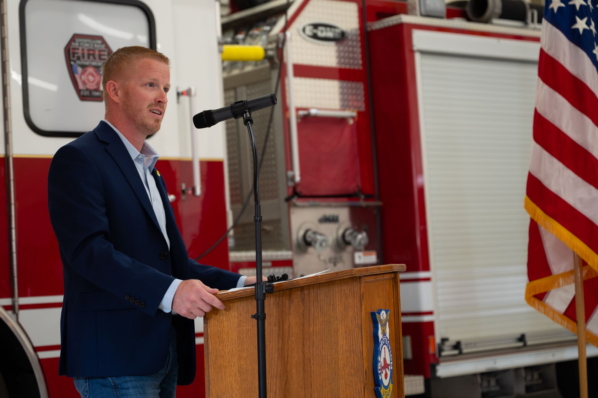 Tom Green County judge speaks at the ribbon-cutting ceremony for the fire department dorms