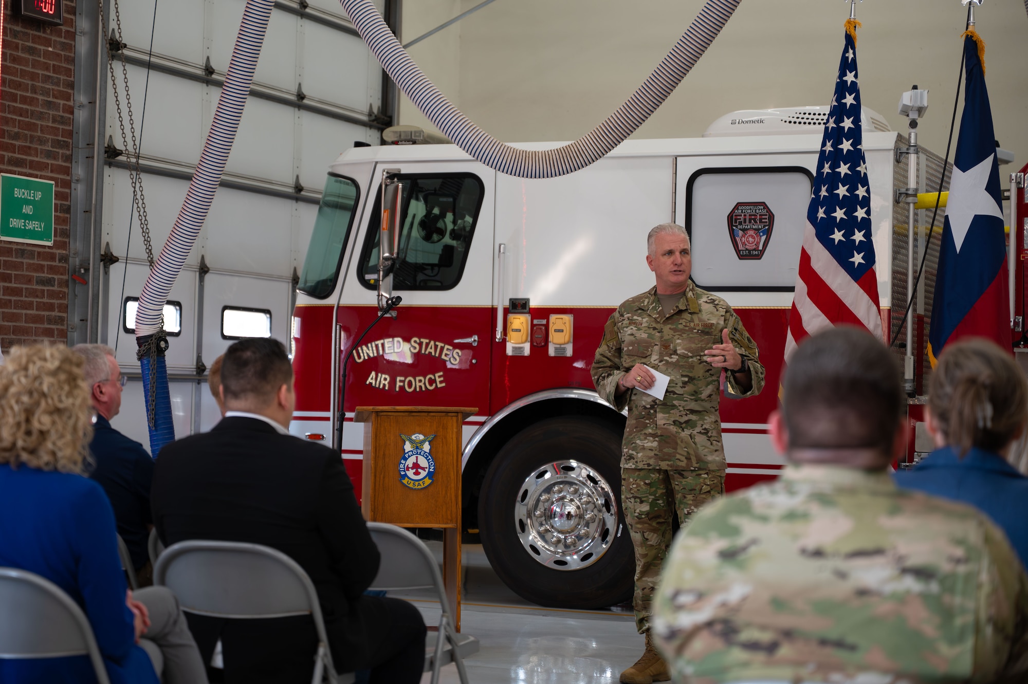 Col. Matthew Norton speaks to those attending Goodfellow Fire Department dorms ribbon-cutting ceremony