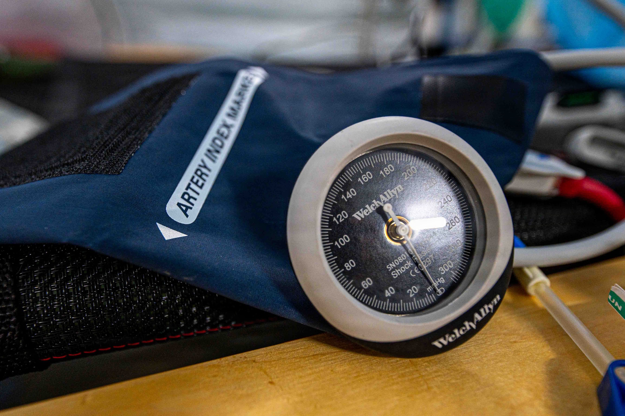 close up of a medical blood pressure device on a table