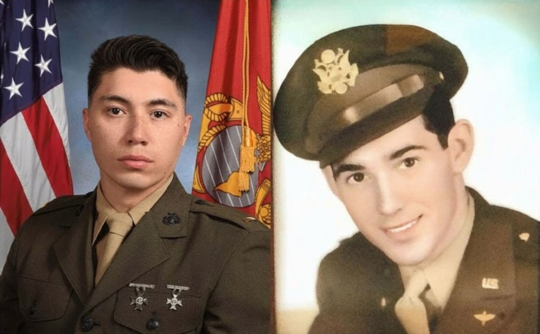 Service photos of U.S. Marine Corps 2nd Lt. David Cason, left, a supply officer with Headquarters and Service Battalion, 2nd Marine Logistics Group, and his grandfather, U.S. Eighth Air Force Maj. Velton Cason, a B-24 Liberator and B-17 Flying Fortress bombardier-navigator. (U.S. Marine Corps photo illustration by Sgt. Rafael Brambila-Pelayo)