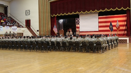 U.S. Soldiers with the 131st Transportation Company, 228th Motor Transportation Battalion, 213th Regional Support Group, Pennsylvania National Guard are honored at a deployment ceremony at the Zembo Shrine, Harrisburg, Pennsylvania, March 14, 2026