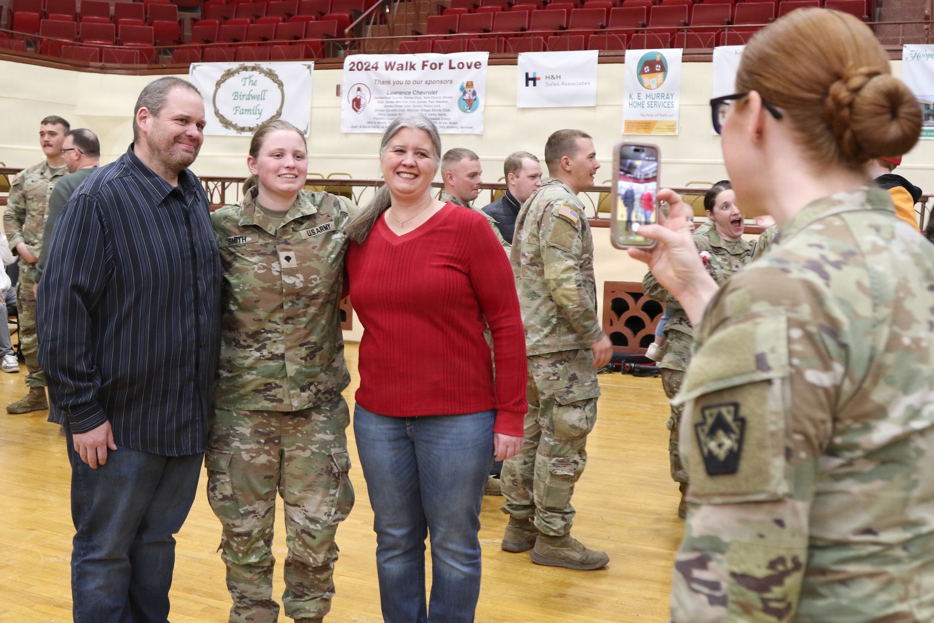 U.S. Soldiers with the 131st Transportation Company, 228th Motor Transportation Battalion, 213th Regional Support Group, Pennsylvania National Guard are honored at a deployment ceremony at the Zembo Shrine, Harrisburg, Pennsylvania, March 14, 2026. Approximately 150 Soldiers are preparing for a year-long deployment to Europe in support of Operation Atlantic Resolve where they will transport critical equipment and supplies throughout the U.S. Army Europe and Africa area of operation. (U.S. Army National Guard photo by Staff Sgt. Vail Forbeck)