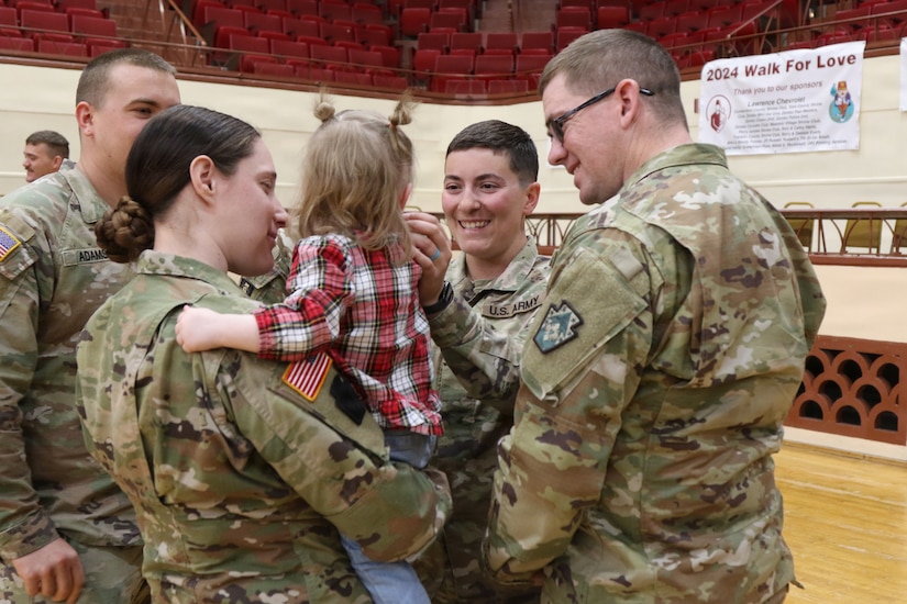 U.S. Soldiers with the 131st Transportation Company, 228th Motor Transportation Battalion, 213th Regional Support Group, Pennsylvania National Guard are honored at a deployment ceremony at the Zembo Shrine, Harrisburg, Pennsylvania, March 14, 2026. Approximately 150 Soldiers are preparing for a year-long deployment to Europe in support of Operation Atlantic Resolve where they will transport critical equipment and supplies throughout the U.S. Army Europe and Africa area of operation. (U.S. Army National Guard photo by Staff Sgt. Vail Forbeck)