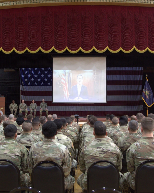 U.S. Soldiers with the 131st Transportation Company, 228th Motor Transportation Battalion, 213th Regional Support Group, Pennsylvania National Guard are honored at a deployment ceremony at the Zembo Shrine, Harrisburg, Pennsylvania, March 14, 2026. Approximately 150 Soldiers are preparing for a year-long deployment to Europe in support of Operation Atlantic Resolve where they will transport critical equipment and supplies throughout the U.S. Army Europe and Africa area of operation. (U.S. Army National Guard photo by Staff Sgt. Vail Forbeck)