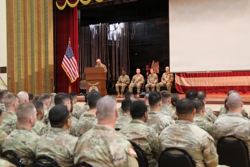 U.S. Soldiers with the 131st Transportation Company, 228th Motor Transportation Battalion, 213th Regional Support Group, Pennsylvania National Guard are honored at a deployment ceremony at the Zembo Shrine, Harrisburg, Pennsylvania, March 14, 2026. Approximately 150 Soldiers are preparing for a year-long deployment to Europe in support of Operation Atlantic Resolve where they will transport critical equipment and supplies throughout the U.S. Army Europe and Africa area of operation. (U.S. Army National Guard photo by Staff Sgt. Vail Forbeck)