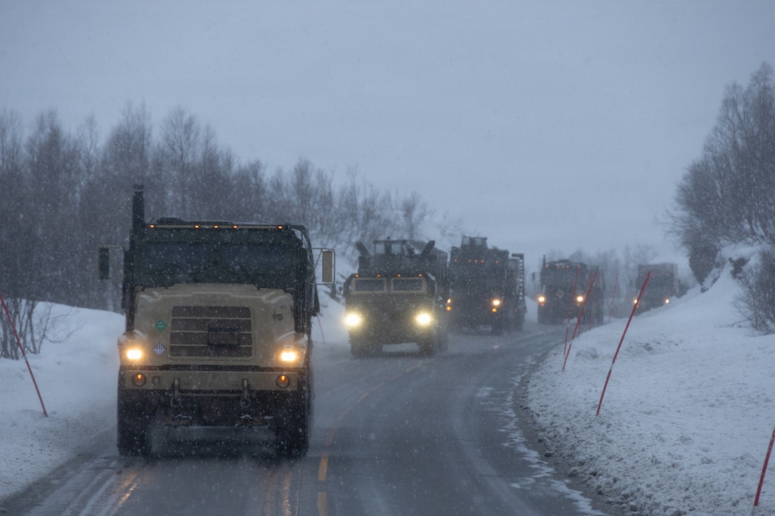 U.S. Marines with Combat Logistics Battalion 6, Combat Logistics Regiment 2, 2nd Marine Logistics Group, conduct a long-range convoy in Norway, March 8, 2026. The long-range convoy, part of exercise Cold Response 26, validated the battalion's readiness to provide flexible logistical support to units in forward positions. A key component of NATO's enhanced vigilance activity Arctic Sentry, exercise Cold Response 26 is a Norwegian-led winter military exercise designed to enhance collective defense capabilities and ensure U.S. readiness to rapidly deploy and seamlessly operate alongside NATO Allies in challenging arctic conditions. (U.S. Marine Corps photo by Cpl. Apollo Wilson)