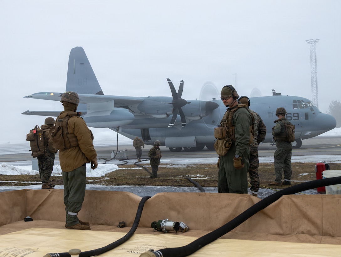 U.S. Marines with Marine Aerial Refueler Transport Squadron (VMGR) 252, Marine Aircraft Group 14, 2nd Marine Aircraft Wing, supply fuel for Marines with Marine Wing Support Squadron (MWSS) 273, Marine Air Control Group 28, 2nd MAW, to operate a forward arming and refueling point (FARP) at Kallax Air Base, Luleå, Sweden, March 11, 2026. The VMGR-252 and MWSS-273 Marines established a FARP to support air operations during exercise Cold Response 26. A key component of NATO's enhanced vigilance activity Arctic Sentry, exercise Cold Response 26 is a Norwegian-led winter military exercise designed to enhance collective defense capabilities and ensure U.S. readiness to rapidly deploy and seamlessly operate alongside NATO Allies in challenging arctic conditions. (U.S. Marine Corps photo by Lance Cpl. Donovan Pimentel)