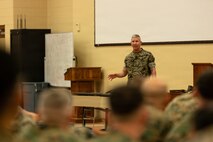 The 39th Commandant of the Marine Corps, Gen. Eric M. Smith, answers questions from students of Warrant Officers Basic Course (WOBC) India Company at Marine Corps Base Quantico, Virginia, March 3, 2026. Gen. Smith visits WOBC toward the end of each cycle of a company to speak with the instructors and spark discussion with the students, giving them advice as the new warrant officers continue their journey into the fleet Marine force and answer any career questions they have on their future leading in the Marine Corps. (U.S. Marine Corps photo by Cpl. Juaquin Greaves)