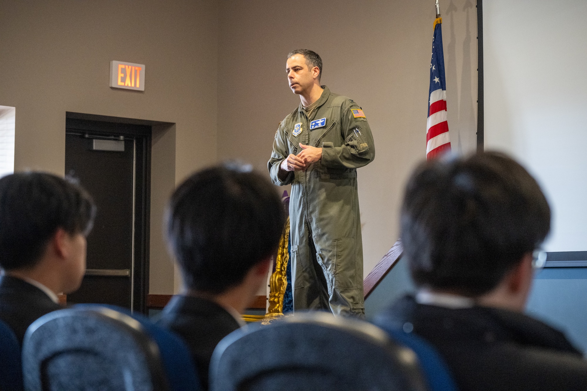 U.S. Air Force Col. Jamil Musa, 436th Airlift Wing commander, welcomes a group of students and teachers from Miyagi, Japan at Dover Air Force Base, Delaware, March 10, 2026. Delaware and Miyagi are sister states, and the base welcomed a group of 65 students and teachers for an annual tour. (U.S. Air Force photo by Mauricio Campino)
