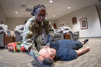 *Training* Hospital Corpsman Third Class Tamiyah Williams places a mask upon a simulated patient to assist their breathing while conducting a testing portion of the Emergency Medical Technician-Basic training hosted by the MCAS Cherry Point Fire and Emergency Services Department on March 11, 2026.  Williams and other Sailors assigned to Navy Medicine Readiness and Training Command Cherry Point participated in the training to enhance their skills and knowledge in providing emergency medical care in various scenarios.