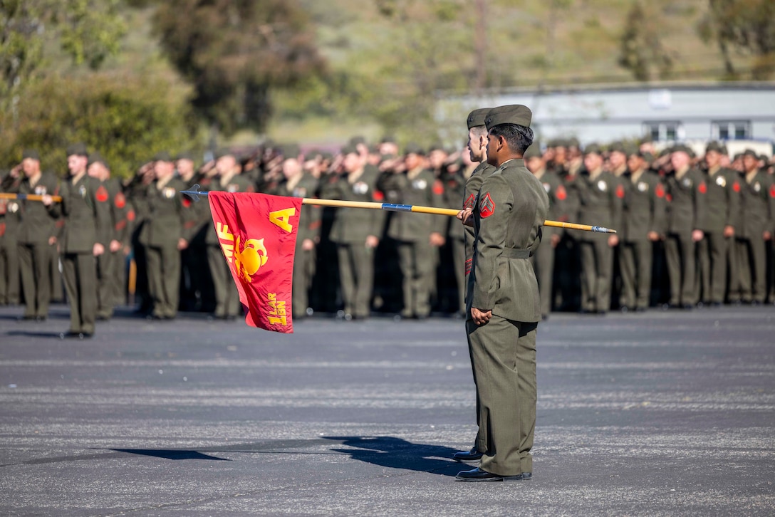 U.S. Marines assigned to 2nd Battalion, 4th Marine Regiment, 1st Marine Division, stand in formation during the Battalion Landing Team 2/4 composite ceremony at Marine Corps Base Camp Pendleton, California, March 12, 2026. The ceremony was held to recognize the battalion’s transition to a battalion landing team and subsequent composite under the 13th Marine Expeditionary Unit, I Marine Expeditionary Force. (U.S. Marine Corps photo by Cpl. Mary R. Jenni)