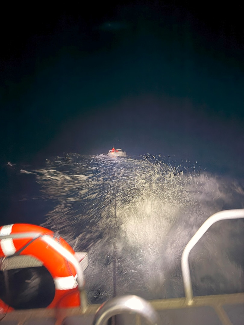 Coast Guard air and surface assets rescued two fishermen aboard a disabled overdue vessel in Mona Passage waters off Desecheo, Puerto Rico, Sunday night.  The Coast Guard Cutter Joseph Napier towed the vessel to safe harbor in Mayaguez, Puerto Rico.  No medical concerns reported in this case (U.S. Coast Guard photo)