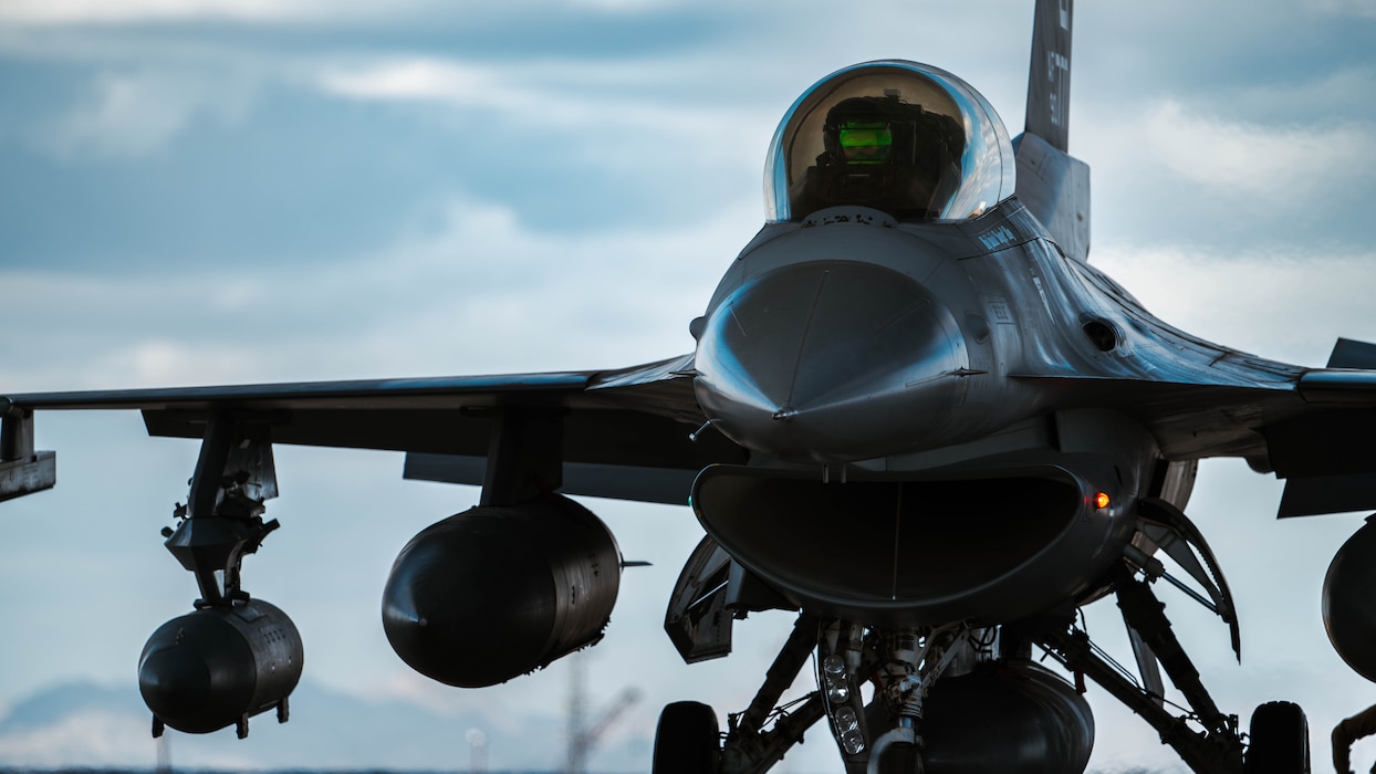 An F-16 Fighting Falcon, assigned to the 309th Fighter Squadron, prepares to taxi out of the 309th FS for the final time, March 4, 2025, at Luke Air Force Base, Arizona.