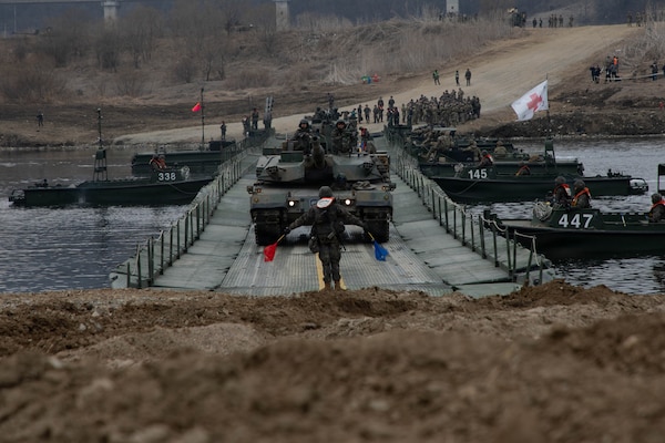 ROK Army soldiers assigned to the 16th Mechanized Infantry Brigade, drive the K2 Black Panther across the fully constructed Improved Ribbon Bridge during wet gap crossing exercise as part of Freedom Shield near Yeoncheon, South Korea, Mar. 14, 2026
