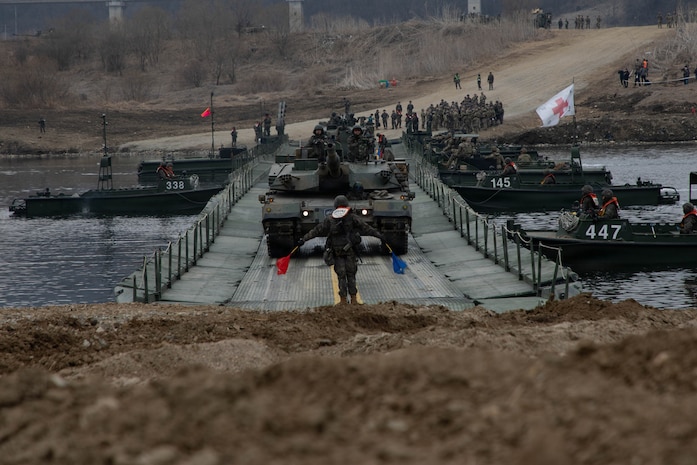 ROK Army soldiers assigned to the 16th Mechanized Infantry Brigade, drive the K2 Black Panther across the fully constructed Improved Ribbon Bridge during wet gap crossing exercise as part of Freedom Shield near Yeoncheon, South Korea, Mar. 14, 2026