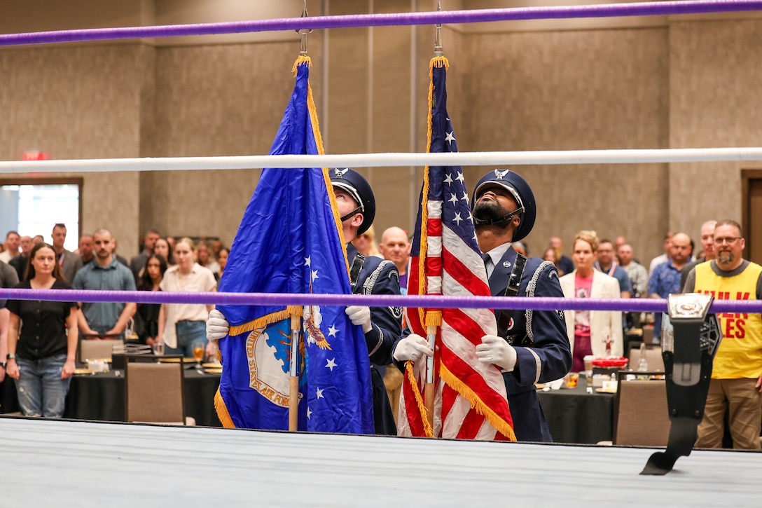 Members of the Sheppard Air Force Base Honor Guard secure the flags after posting the colors during the 2025 Annual Awards Banquet in Wichita Falls, Texas, Feb. 27, 2026.