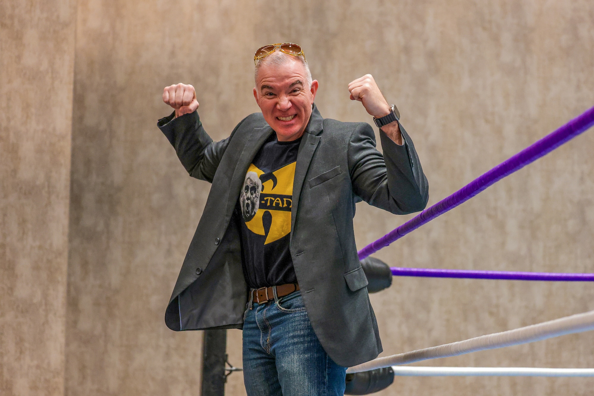 U.S. Air Force Chief Master Sgt. Rey Schultz, 82nd Training Wing command chief, flexes as he exits the ring after delivering his remarks during the 2025 Annual Awards Banquet in Wichita Falls, Texas, Feb. 27, 2026.