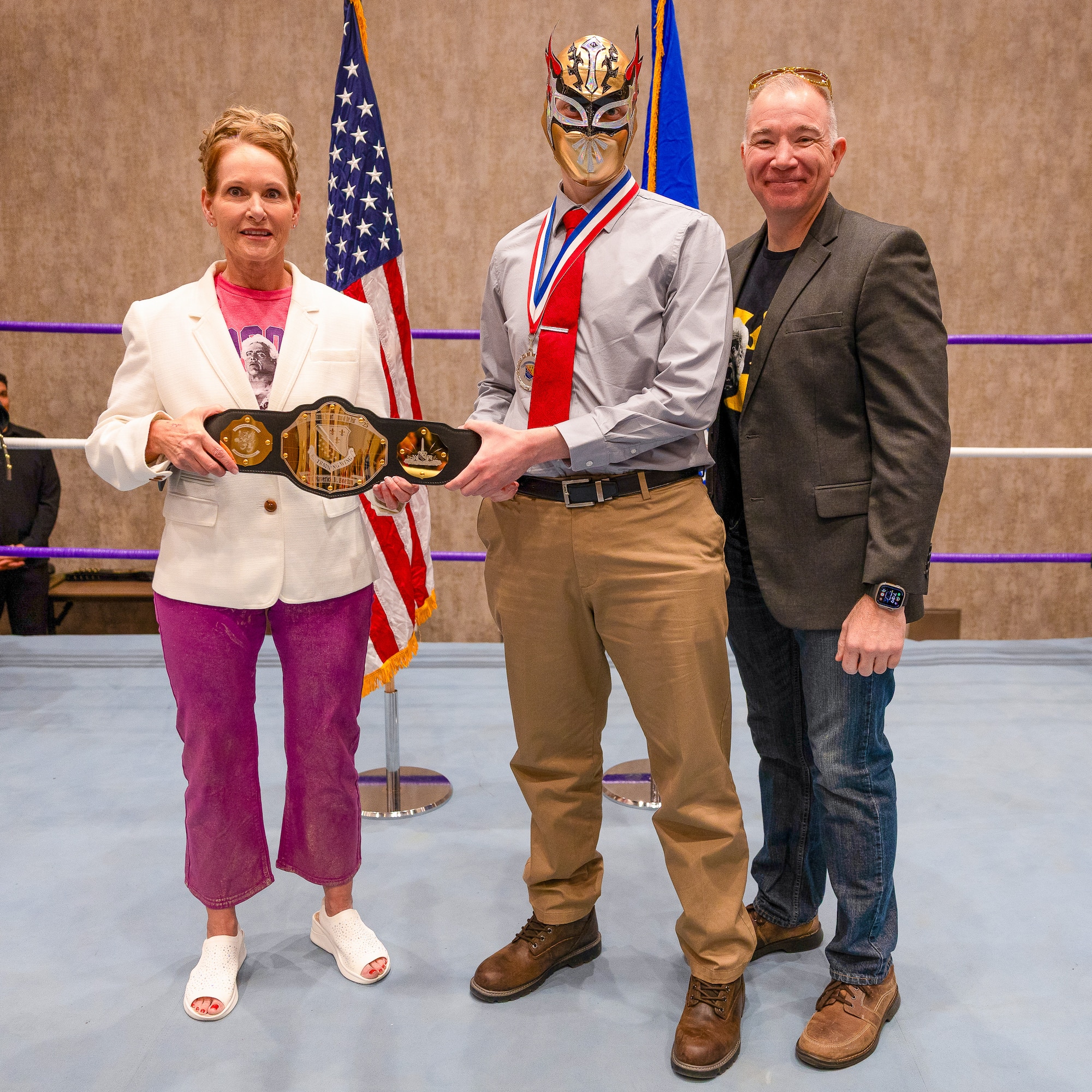 U.S. Air Force Airman 1st Class Maverick Boehm, 367th Training Support Squadron software developer, receives the Technical Training Support Airman of the Year Award from U.S. Air Force Col. Kellie Courtland, left, 82nd Training Wing deputy commander, and U.S. Air Force Chief Master Sgt. Rey Schultz, right, 82nd TRW command chief, during the 2025 Annual Awards Banquet in Wichita Falls, Texas, Feb. 27, 2026.