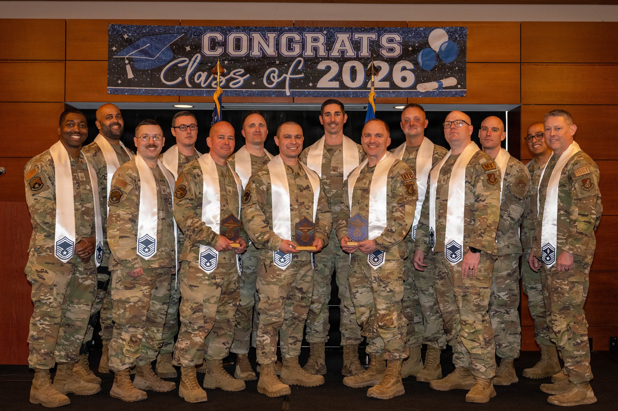 U.S. Air Force master sergeants from across Joint Base Elmendorf-Richardson, Alaska participate in the Senior Master Sergeant Promotion Release ceremony at JBER, Alaska, March 12, 2026.