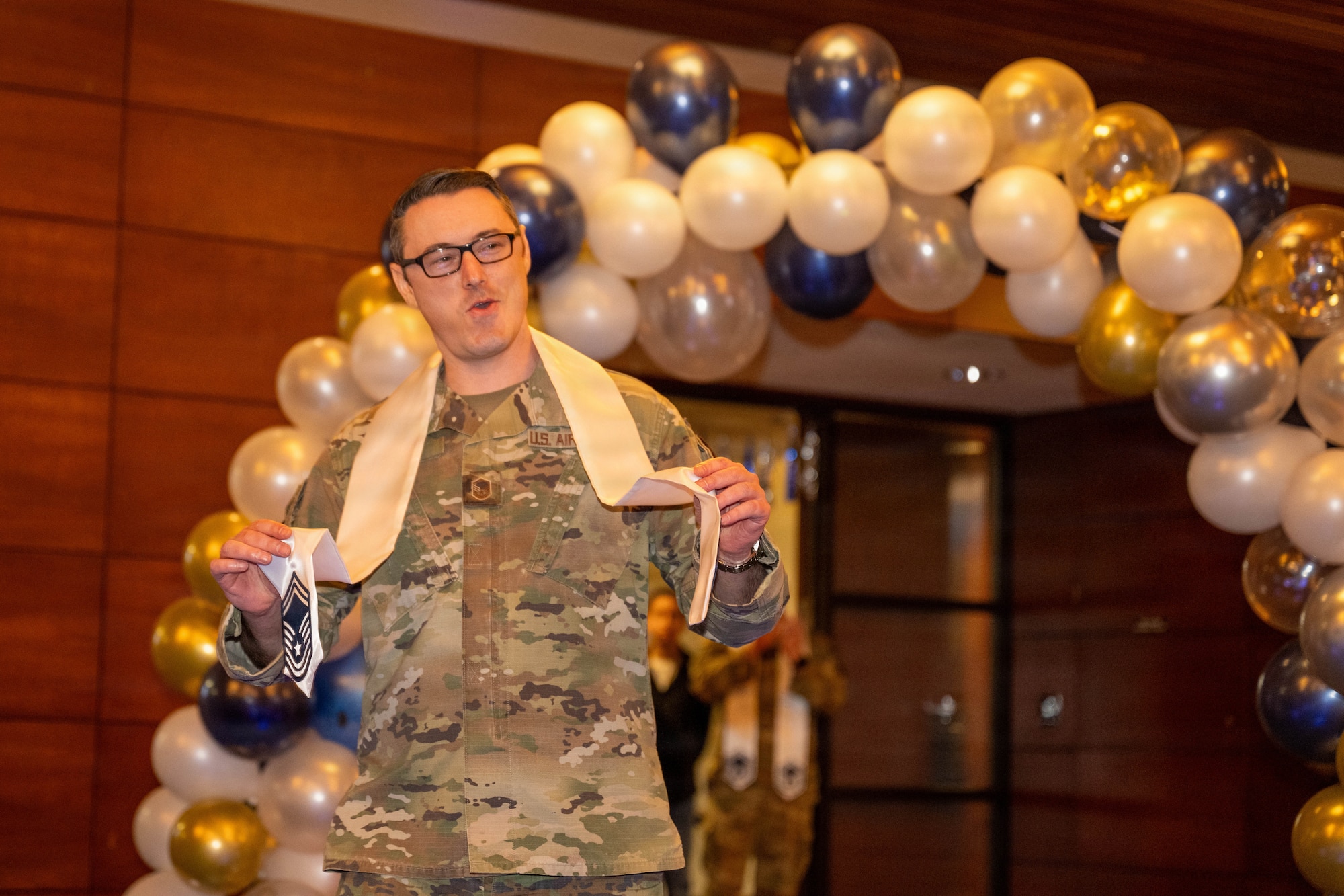 U.S. Air Force master sergeants from across Joint Base Elmendorf-Richardson, Alaska participate in the Senior Master Sergeant Promotion Release ceremony at JBER, Alaska, March 12, 2026.