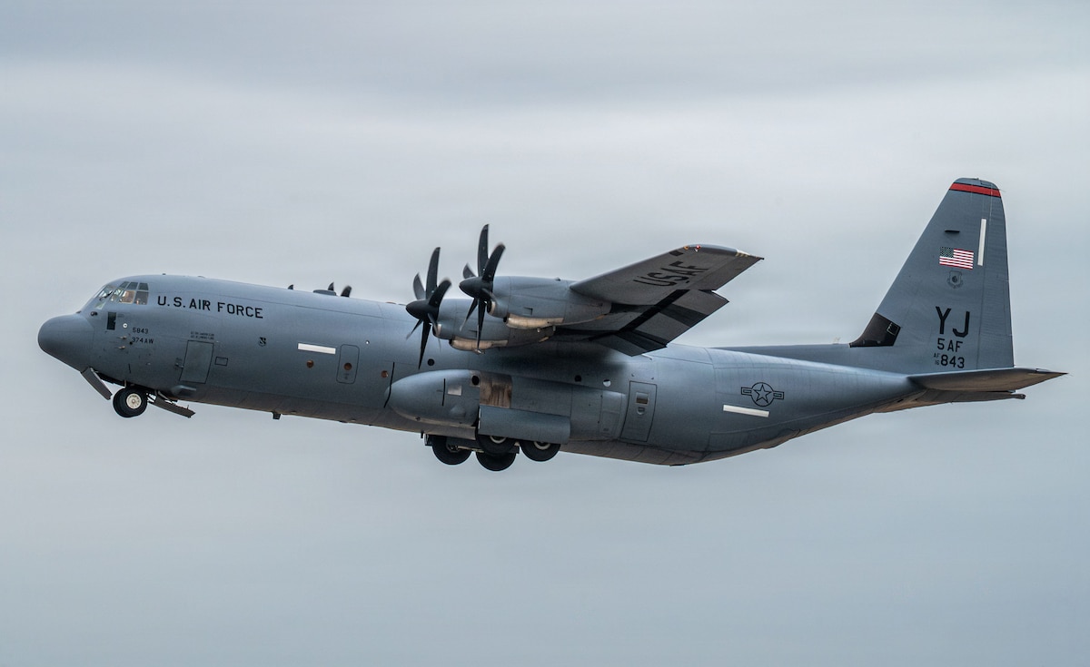 U.S. Air Force C-130J Super Hercules assigned to the 36th Airlift Squadron takes off for Airborne 26 at Yokota Air Base, Japan, March 2, 2026.