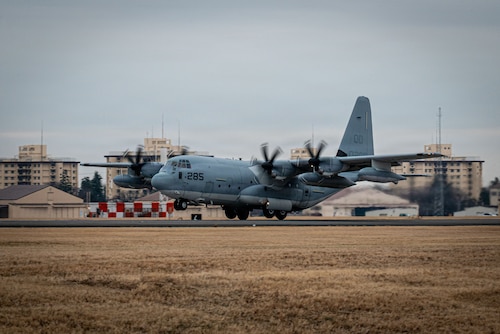 A U.S. Marine Corps KC-130J assigned to the Marine Aerial Refueler Transport Squadron 152 (VMGR-152), Marine Corps Air Station Iwakuni takes off for Airborne 26 at Yokota Air Base, Japan, March 2, 2026.