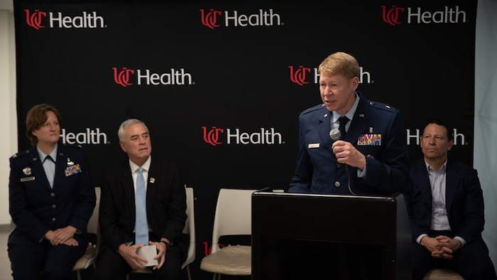 Brig. Gen. Robert K. Bogart, commander of the 711th Human Performance Wing, speaks during the grand opening ceremony for the expanded Center for Sustainment of Trauma and Readiness Skills (C-STARS) Cincinnati DARRIO Simulation Center at University of Cincinnati (UC) Medical Center in Cincinnati, Ohio, March 11, 2026. C-STARS Cincinnati is a joint program between UC Health and the U.S. Air Force that provides advanced trauma and critical care training for military medical personnel. The program’s new 30,000-square-foot facility officially opened, representing the next generation of military trauma training, medical readiness, response and research capabilities. (U.S. Air Force photo / Richard Eldridge)
