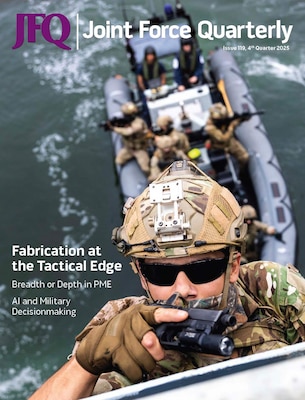 Cover of JFQ 119. U.S. Navy SEAL secures deck of ship and conducts board, search, and seizure training with British Royal Marine Commandos and Ukrainian special forces in Odesa, Ukraine, June 21, 2021 (U.S. Army/Patrik Orcutt)