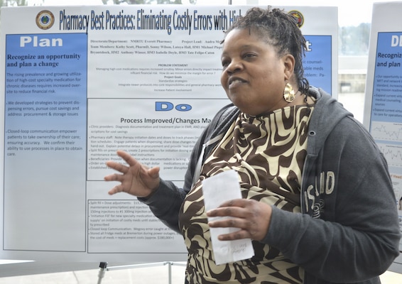 There were 15 participants – including Dr. Audra McCoy on behalf of Branch Health Clinic Everett Pharmacy and their ‘Pharmacy Best Practices: Eliminating Costly Errors with High-Cost Drugs’ presentation, at the annual Naval Hospital Bremerton Continuous Process Improvement Fair held March 12, 2026. Mission readiness support, environmental stewardship, patient-care improvement and more were on display at the fair which provided staff members the opportunity to share valuable input and ideas to improve current processes not only at NHB but throughout the Military Health System (Official Navy photo by Douglas H Stutz, NHB/NMRTC Bremerton public affairs officer).