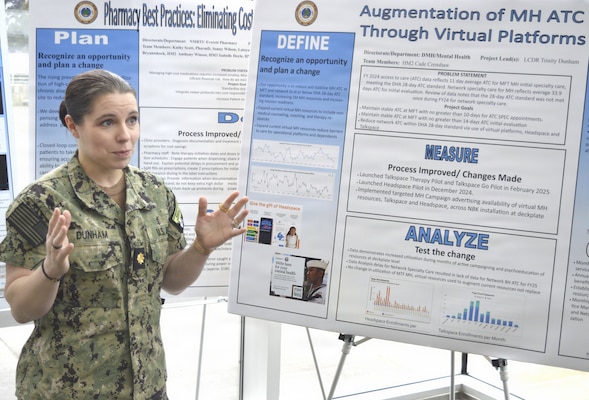 There were 15 participants – including Lt. Cmdr. Trinity Dunham from Mental Health Directorate presenting ‘Augmentation of Mental Health Access to Care Through Virtual Platforms’ at the annual Naval Hospital Bremerton Continuous Process Improvement Fair held March 12, 2026. Mission readiness support, environmental stewardship, patient-care improvement and more were on display at the fair which provided staff members the opportunity to share valuable input and ideas to improve current processes not only at NHB but throughout the Military Health System (Official Navy photo by Douglas H Stutz, NHB/NMRTC Bremerton public affairs officer).