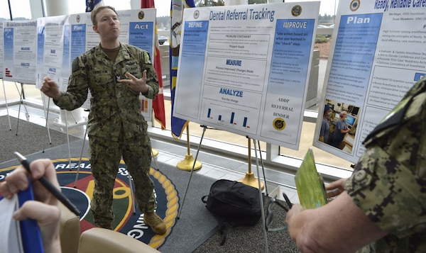 There were 15 participants – including project lead Hospital Corpsman 1st Class Ryan Johnston of NMRTU Everett Dental Clinic representing team members Lt. Ian Berude, HM2 Samuel Vasquez and Hospitalman Maki Gilbert, who presented ‘Dental Referral Tracking’ at the annual Naval Hospital Bremerton Continuous Process Improvement Fair held March 12, 2026. Mission readiness support, environmental stewardship, patient-care improvement and more were on display at the fair which provided staff members the opportunity to share valuable input and ideas to improve current processes not only at NHB but throughout the Military Health System (Official Navy photo by Douglas H Stutz, NHB/NMRTC Bremerton public affairs officer).