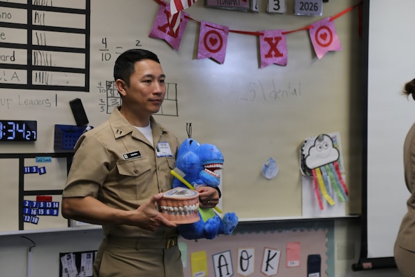 Dentists and hygienists from Naval Health Clinic Lemoore visited two elementary schools on Naval Air Station Lemoore to teach children the importance of dental hygiene. Lt. Hannah Mills, Lt. Tri Nguyen, Lt. Dikran Diarian and dental hygienist Brenda Guerzon presented oral health education to students from preschool through third grade at Neutra Elementary School on Feb. 25 and Akers School on Feb. 27.