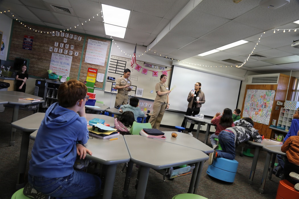 Dentists and hygienists from Naval Health Clinic Lemoore visited two elementary schools on Naval Air Station Lemoore to teach children the importance of dental hygiene. Lt. Hannah Mills, Lt. Tri Nguyen, Lt. Dikran Diarian and dental hygienist Brenda Guerzon presented oral health education to students from preschool through third grade at Neutra Elementary School on Feb. 25 and Akers School on Feb. 27.